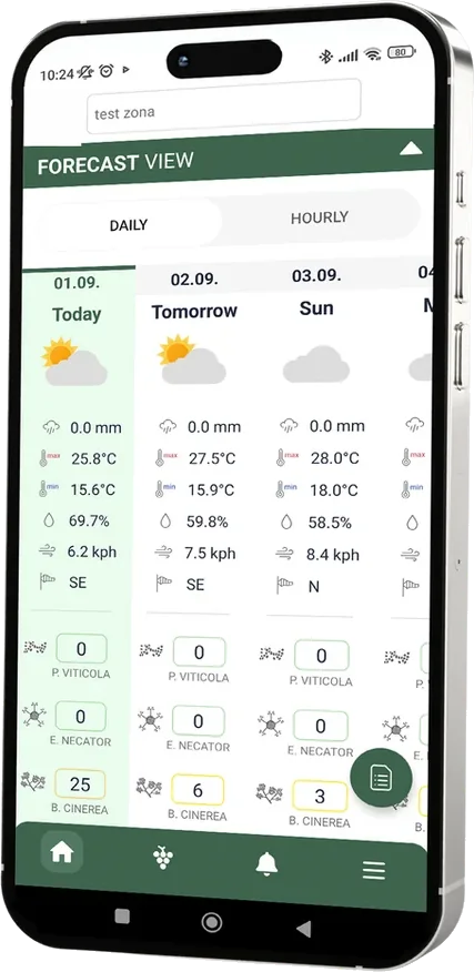 AgroAI app: daily forecast with disease-risk counters for downy mildew, powdery mildew and botrytis