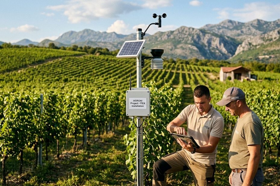 AgroAI weather and sensor station in a Montenegrin vineyard with two ITEX engineers